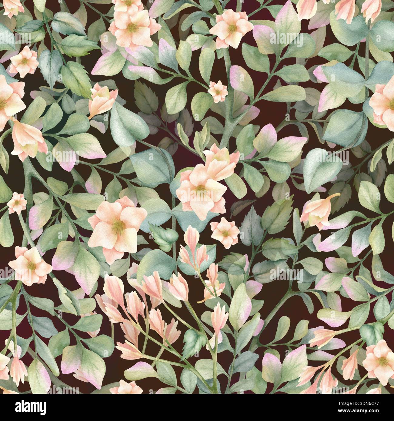Modèle sans couture avec des feuilles vertes, freesia sur fond sombre. Verdure de jardin détaillée peinte à l'aquarelle peinte à la main, fleurs beiges délicates. Pour Banque D'Images