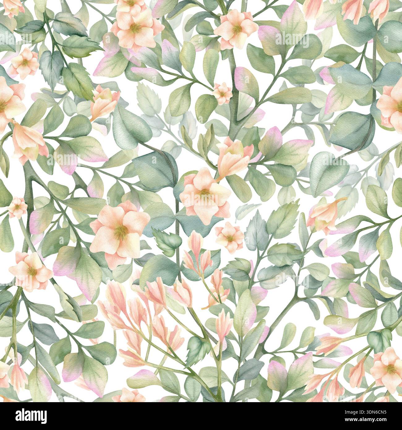 Modèle sans couture avec des feuilles vertes, freesia. Verdure de jardin détaillée peinte à l'aquarelle peinte à la main, fleurs beiges délicates. Pour l'éco-branding, naturel Banque D'Images