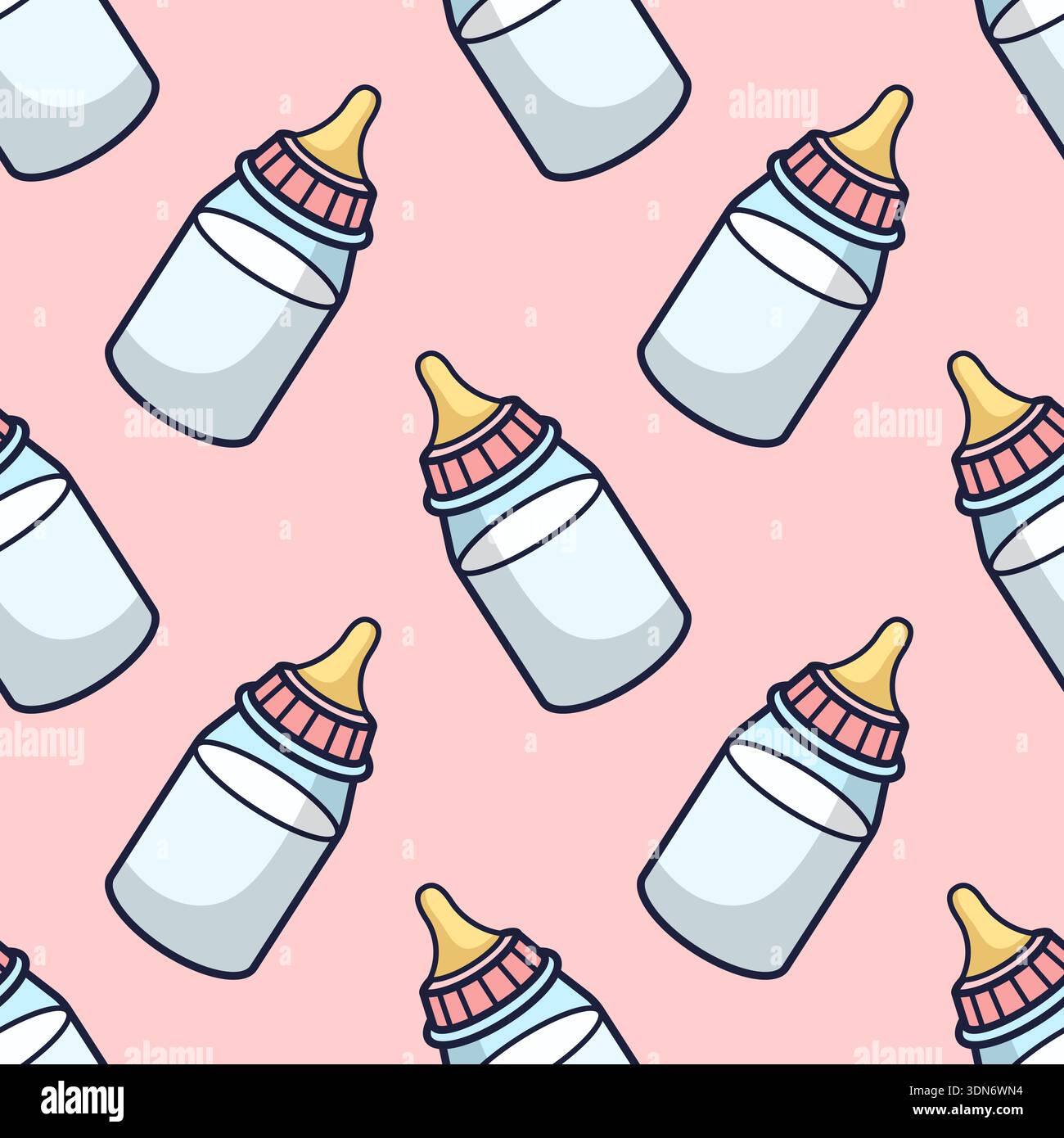 Bouteille avec sucette contour dessin animé sans couture. Biberon dessiné à la main. Vecteur de texture de nourriture pour bébé. Illustration pour la conception de vêtements pour enfants, fêtes de genre, douche de bébé. Illustration de Vecteur