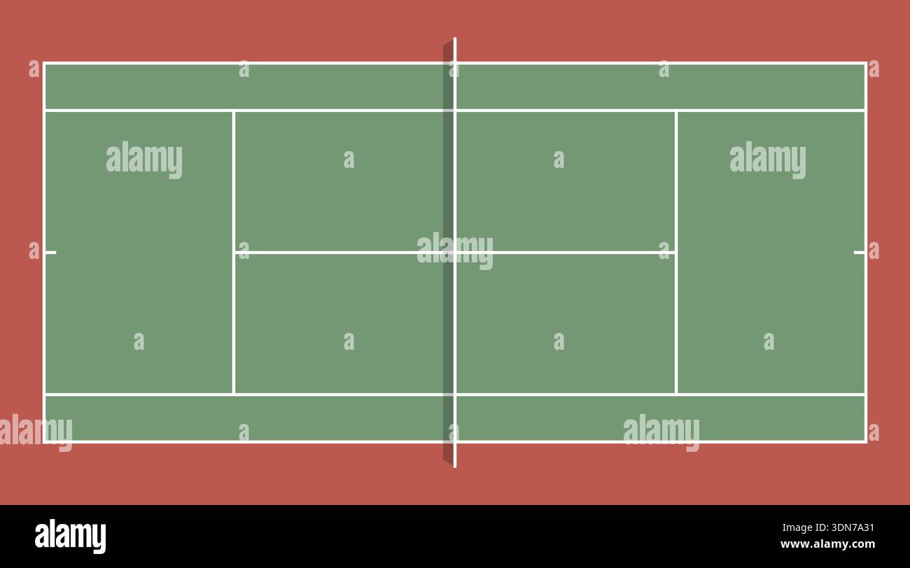 Illustration stylisée de court de tennis vue de dessus avec surface verte et bordure rouge dans un style de design plat, idéal pour les présentations, le matériel pédagogique et le contenu numérique sportif. Court de tennis plat. Vue de dessus sur le court de tennis. Design tennis minimaliste. Motif court de tennis Illustration de Vecteur