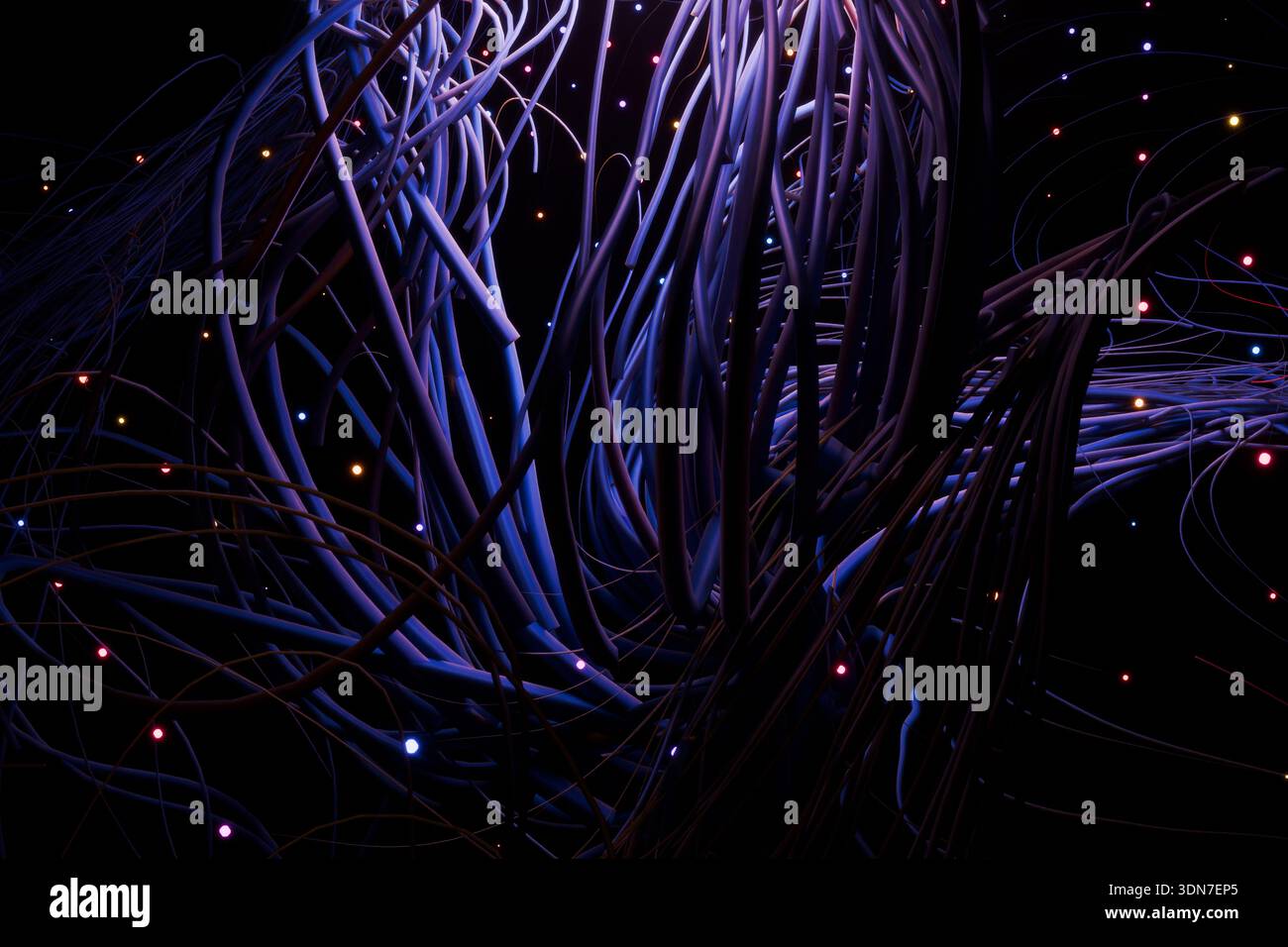 Visualisation hybride abstraite biologique-technologique. Les vignes violettes lumineuses et les nœuds brillants imitent un système nerveux central complexe ou une artificia avancée Banque D'Images