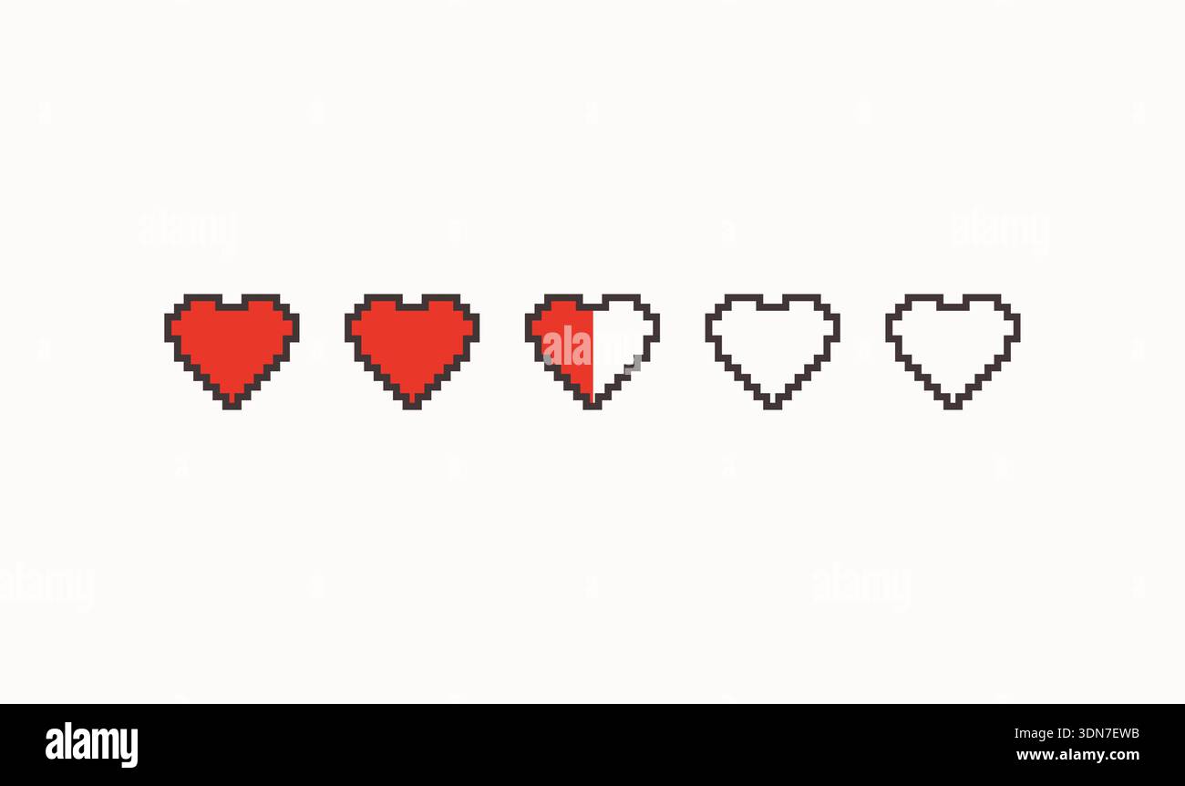 Coeurs de style Vector 8 bits isolés sur fond blanc. Formes de cœur de pixels pleines et délimitées. Éléments de conception de jeux vectoriels. Illustration de Vecteur