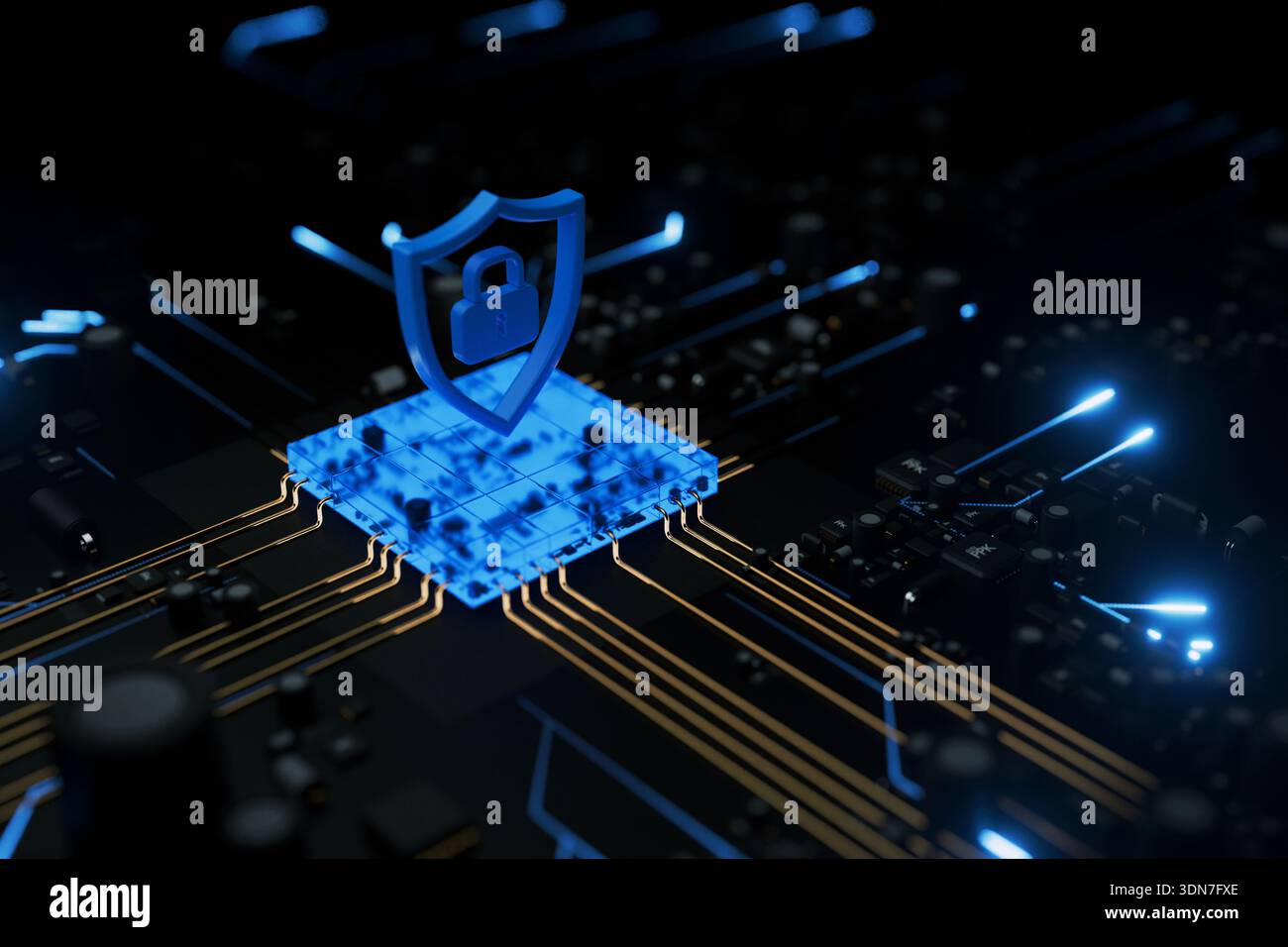 Arrière-plan technologique montrant un écran holographique protégeant un processeur électronique. Parfait pour illustrer la défense de guerre cybernétique, l'information Banque D'Images