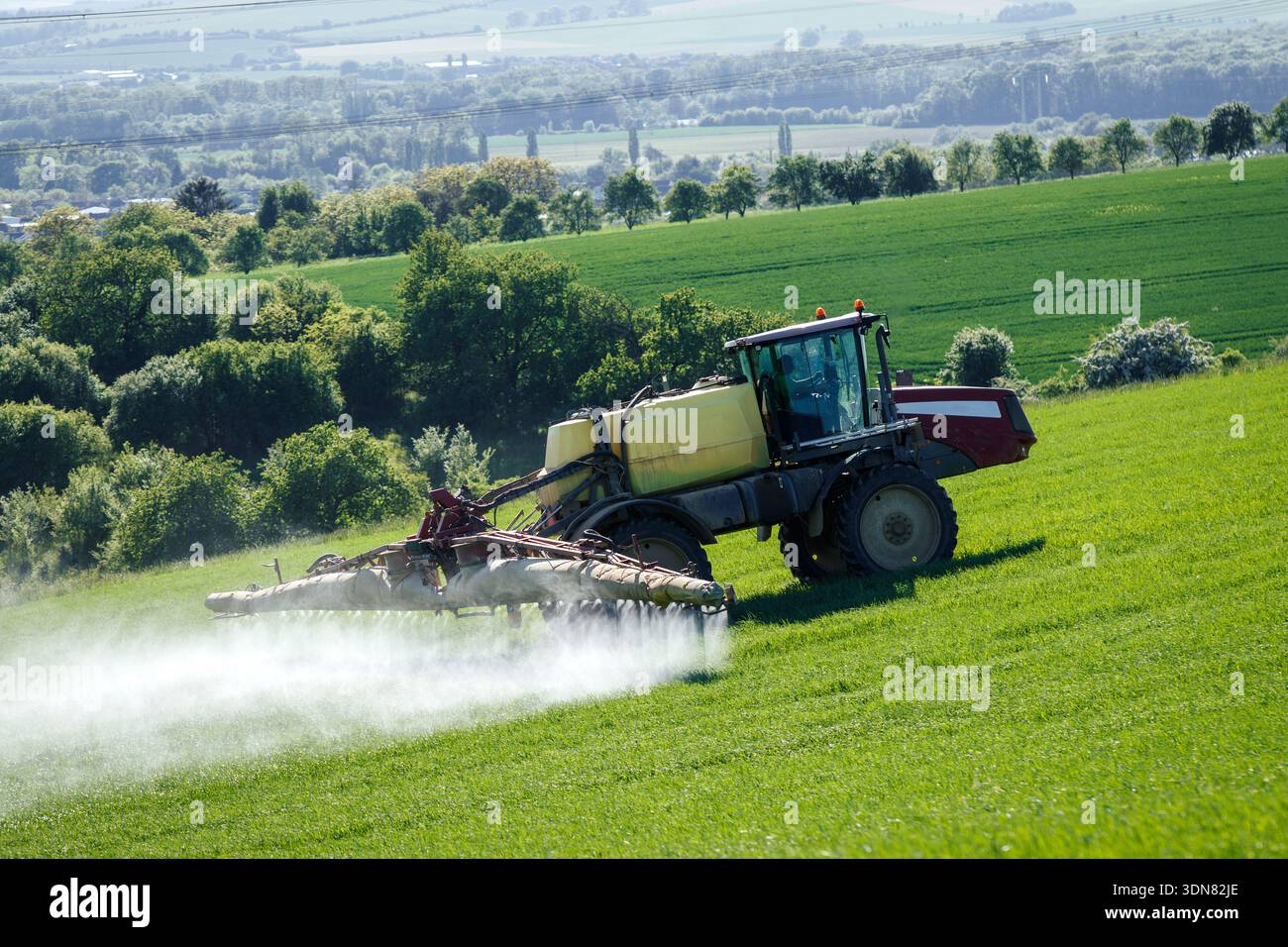 Tracteur pulvérisant de l'insecticide dans le champ. Activité agricole au printemps. Terres cultivées en campagne Banque D'Images