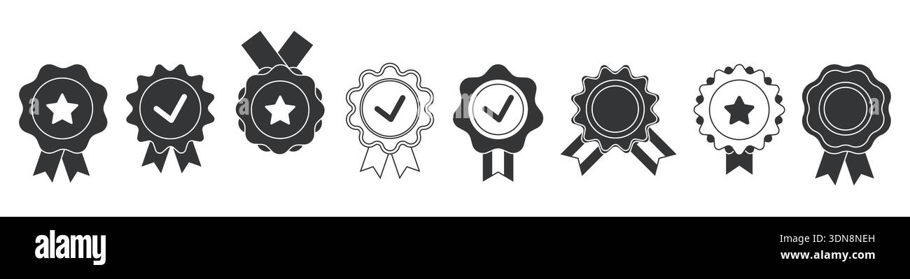 Ensemble de médailles noires et blanches. Pack de récompenses pour les gagnants des compétitions et tournois. Prix et trophée, signe de qualité. Collection de vecteurs linéaires Illustration de Vecteur
