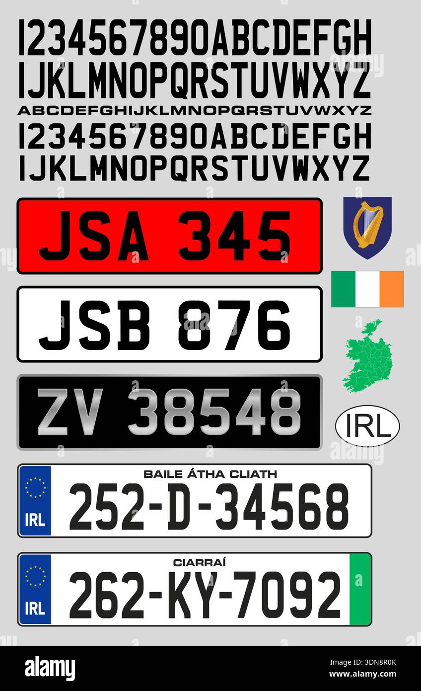 Eire ou Irlande plaque d'immatriculation de voiture, lettres, chiffres et symboles, illustration vectorielle, Union européenne Illustration de Vecteur