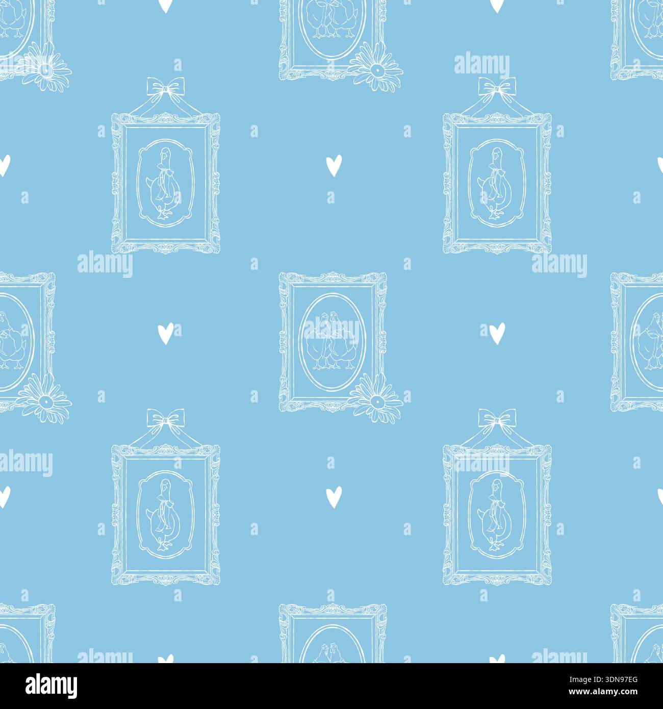Un joli motif bleu et blanc de Pâques vintage sans couture avec des oies, des poulets, des cadres vintage, des arcs et des coeurs. Griffonnages flirts dessinés à la main. Vecteur blanc Illustration de Vecteur