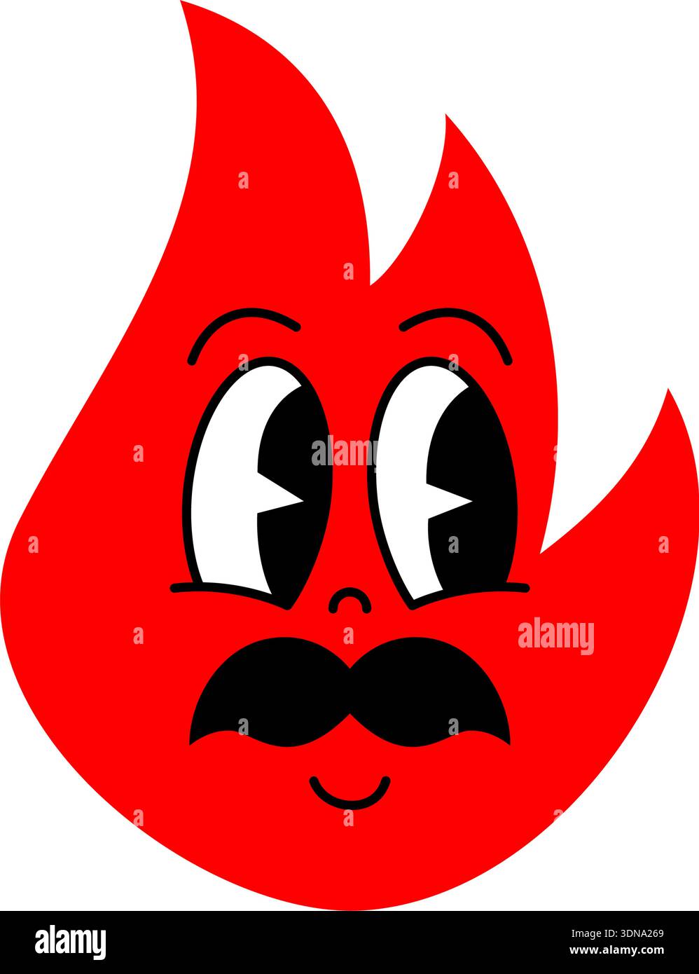 Personnage de dessin animé de flamme rouge drôle avec une grande moustache et des yeux expressifs de côté-regard. Personnage vectoriel comique Illustration de Vecteur