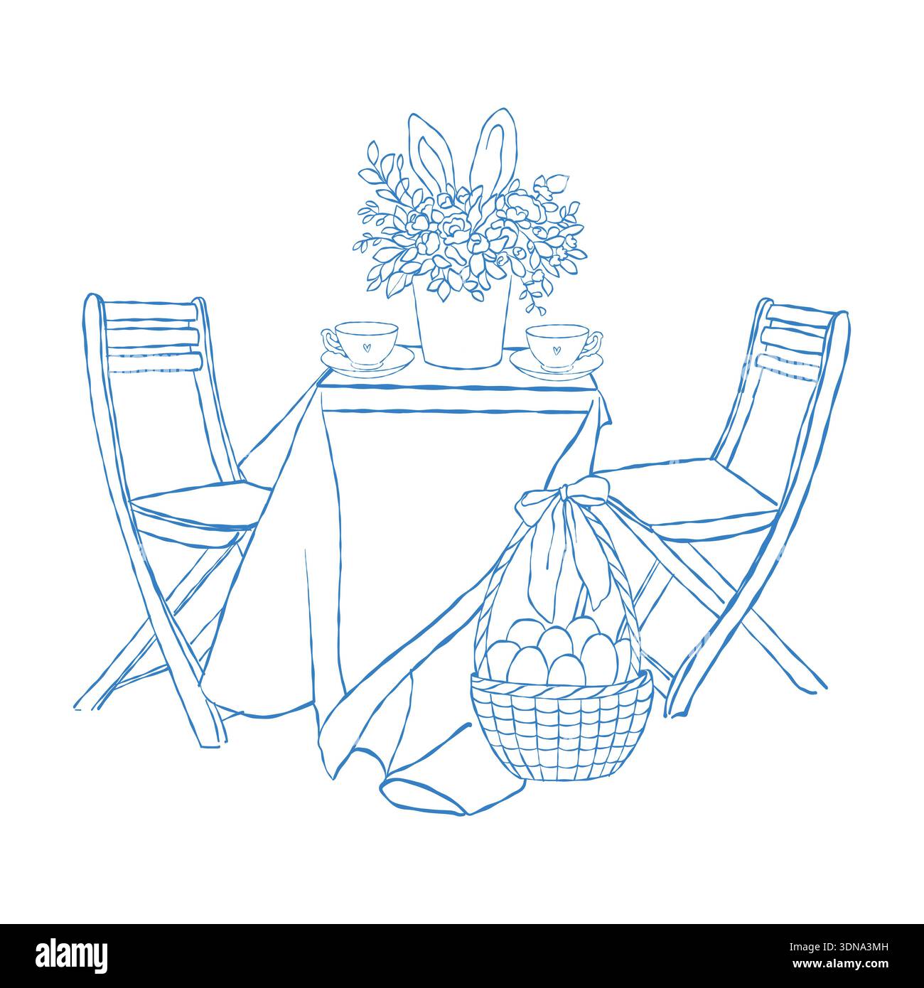 Illustration dessinée à la main d'une table à manger fantaisiste avec des chaises, des fleurs, un gâteau de Pâques et un panier d'œufs. Dîner de Pâques. Table printanière festive. Illustration monochrome vectorielle d'art au trait en bleu. Illustration de Vecteur