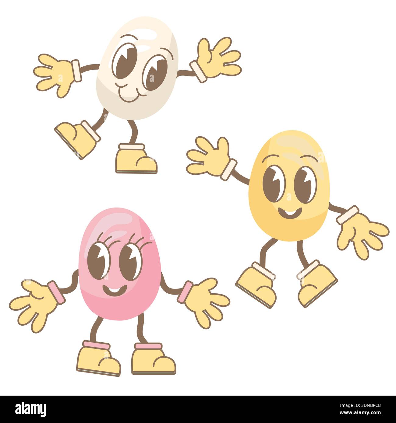 Oeufs de Pâques en rose, beige et jaune, avec diverses expressions faciales et mouvements des mains et des pieds. Illustration vectorielle avec des œufs emoji. Convient pour Illustration de Vecteur