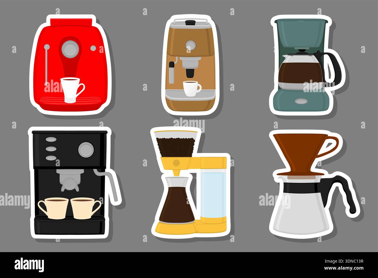 Illustration sur le thème grand ensemble de couleur différents types machine à café, différentes tailles de fabricants, modèle de machine à café composé d'accessoire de collection Illustration de Vecteur