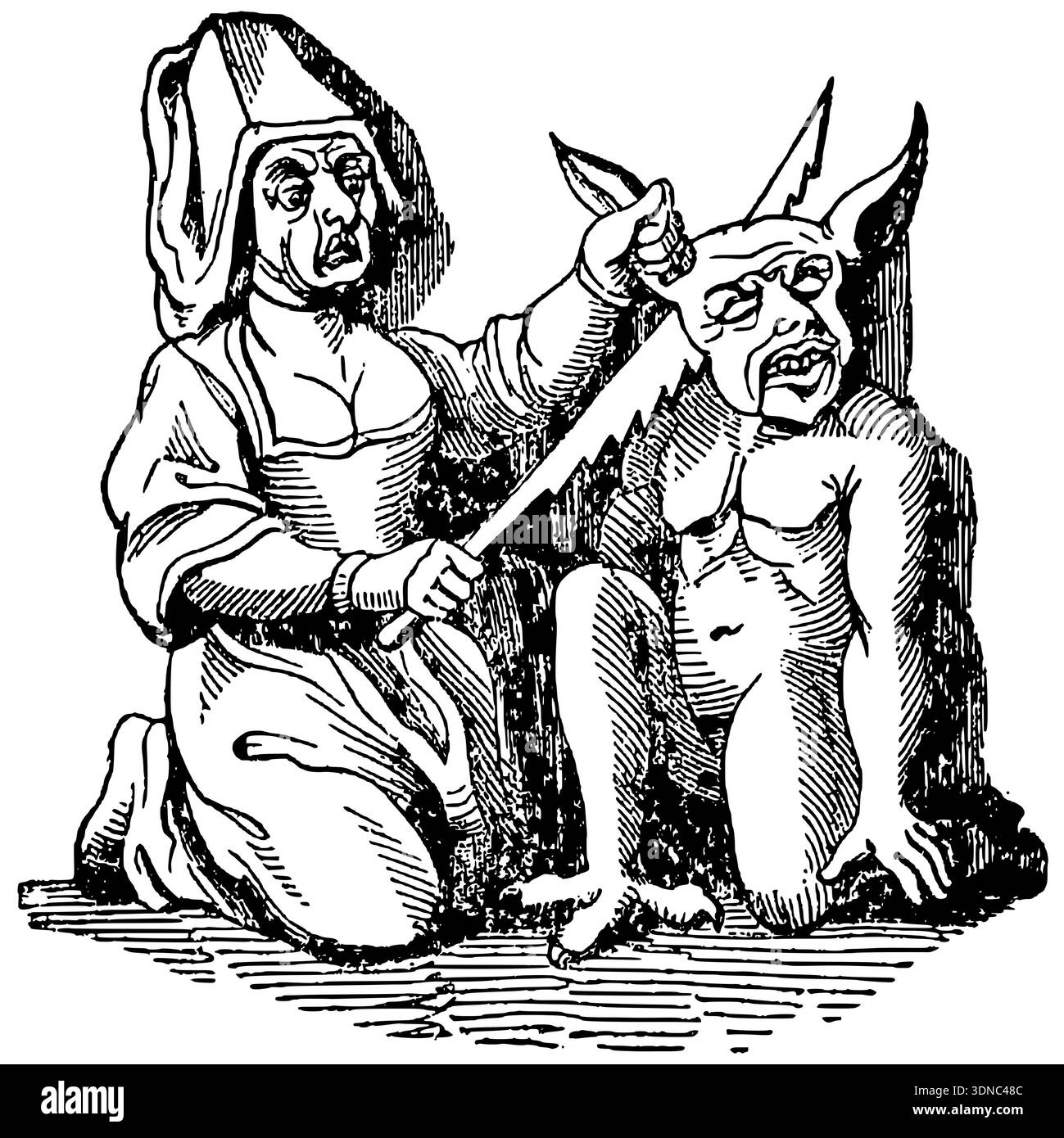 Femme médiévale crudement dessinée à genoux et sciant activement dans la tête d'un diable ou d'un démon cowering avec des cornes et des pattes griffées, dépeignant une scène historique religieuse ou folklorique tirée du livre 'Une brève histoire de la sorcellerie : avec une référence particulière aux sorcières du Northamptonshire ' date de publication 1866 Banque D'Images