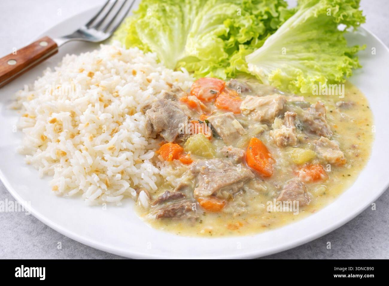 Ragoût de veau industriel au riz blanc, plat prêt à manger Banque D'Images
