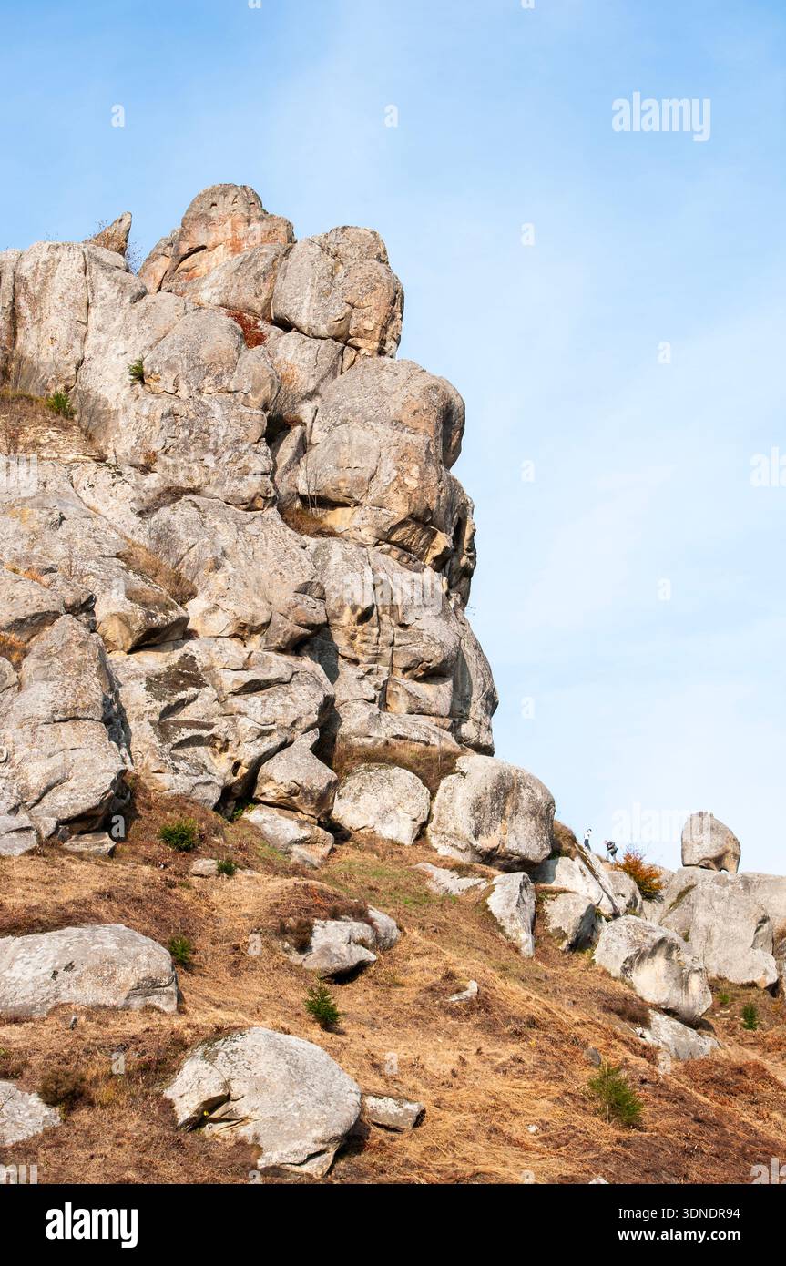 Falaise de pierre dans la nature sauvage vue du pied de la montagne. Photo verticale. Falaise rocheuse s'élevant au milieu, paysage naturel accidenté, spectaculaire Banque D'Images