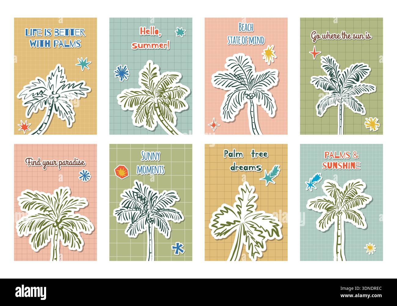 Ensemble d'affiches d'été avec des autocollants de palmiers dessinés à la main, des étoiles et des citations inspirantes sur le thème de la plage. Collection de cartes, dans un style rétro w Illustration de Vecteur