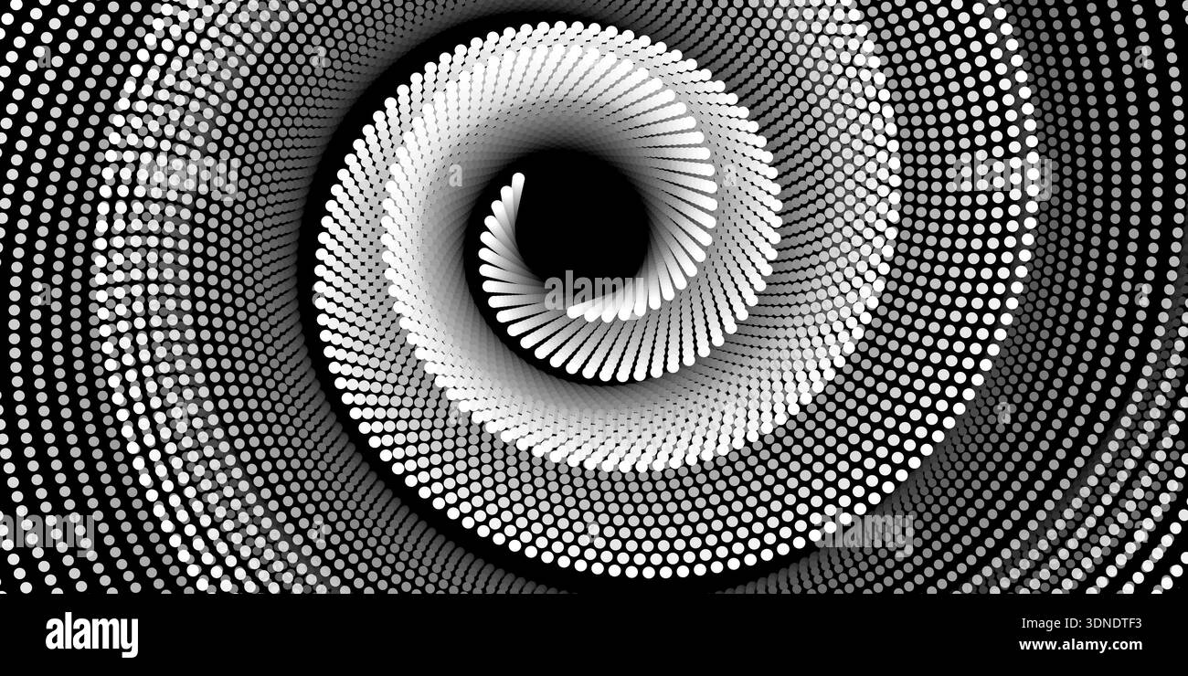 Motif abstrait en spirale fait de lignes blanches à taches sur fond noir. L'effet d'illusion d'optique dynamique crée de la profondeur et du mouvement, parfait pour Illustration de Vecteur