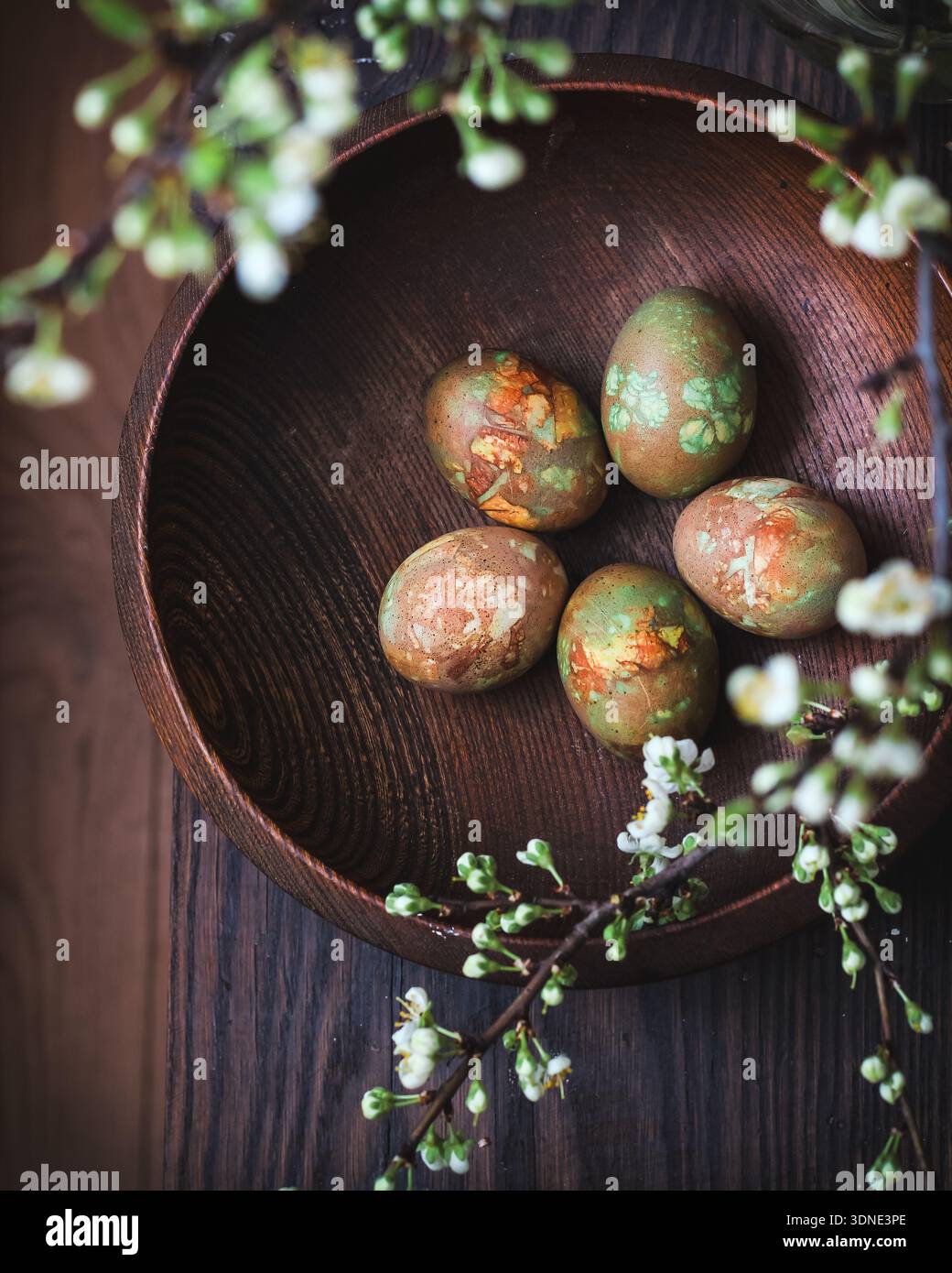 Composition de Pâques avec des œufs de poule naturellement teints dans un bol en bois foncé et des branches de pruniers en fleurs en bokeh Banque D'Images