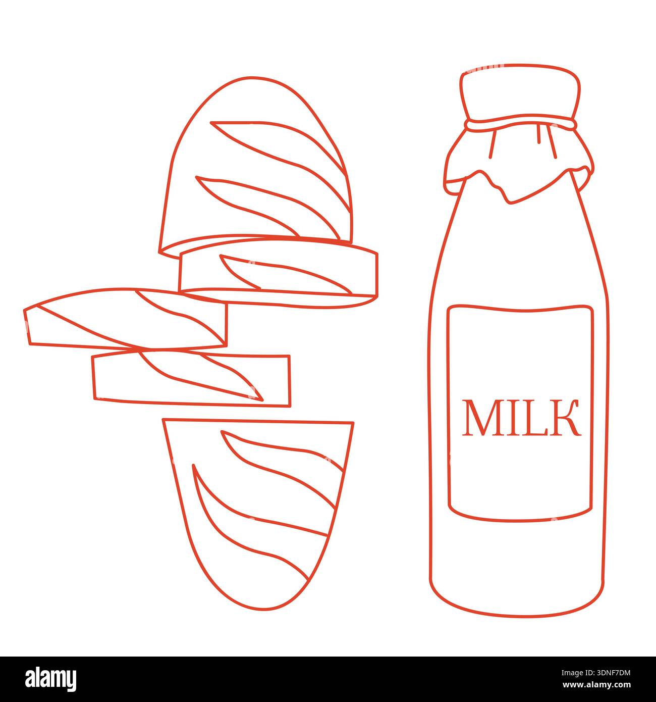 Pain frais tranché dessiné à la main et une bouteille d'illustrations d'art de ligne de lait isolé sur fond blanc Illustration de Vecteur