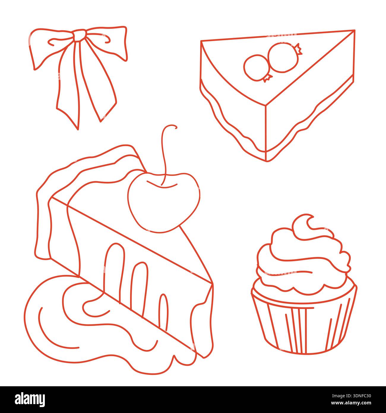 Illustrations de desserts dessinés à la main, cupcake givré, cheesecake aux baies et cheesecake à la sauce au chocolat et un arc Illustration de Vecteur