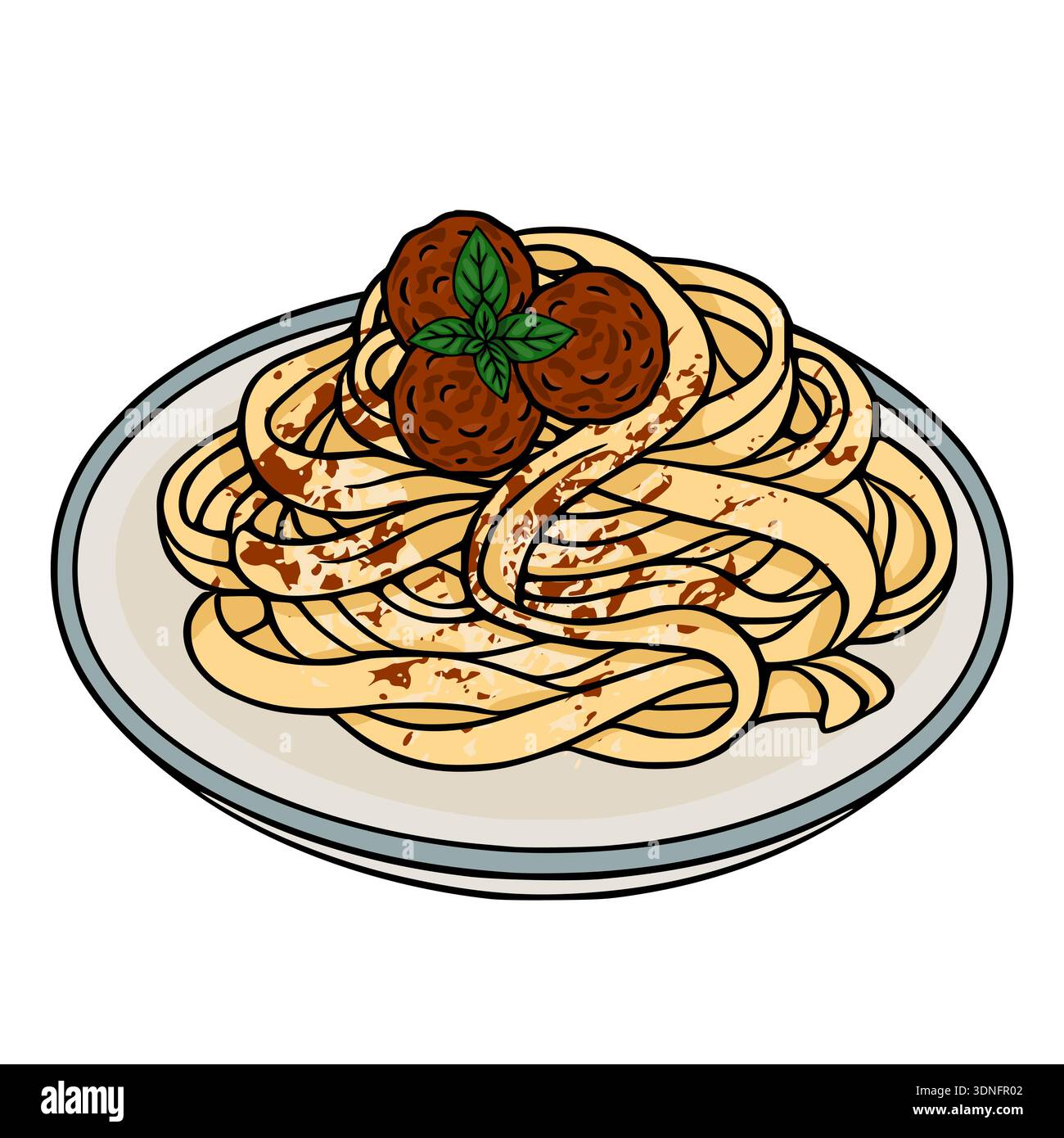 Illustration vectorielle de spaghettis avec boulettes de viande et basilic sur une assiette Illustration de Vecteur
