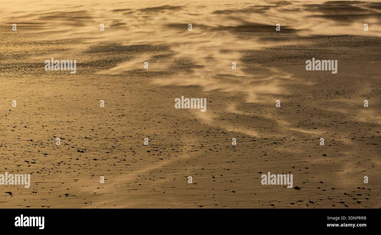 Vent soufflant du sable sur une plage créant des motifs et de la texture dans une lumière dorée Banque D'Images