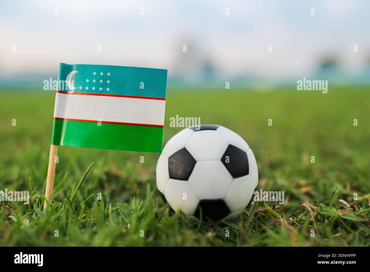 Drapeau ouzbek et ballon de football sur l'herbe du stade. Symbolique de la fierté nationale d'Asie centrale et de l'actualité des compétitions internationales de football. Banque D'Images