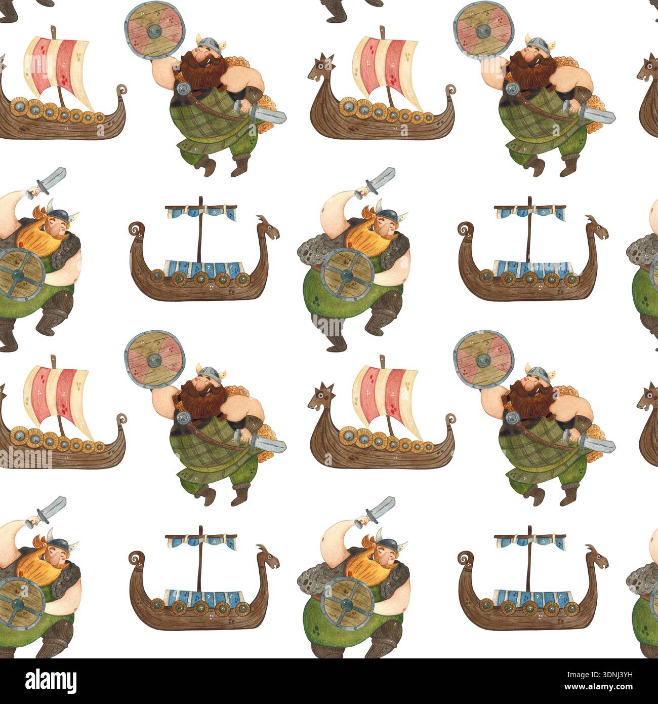 Un motif sans couture avec des Vikings, des boucliers en bois et des navires, des haches et des épées. Illustration d'aquarelle dessinée à la main, dessin animé, parfait pour les autocollants Banque D'Images
