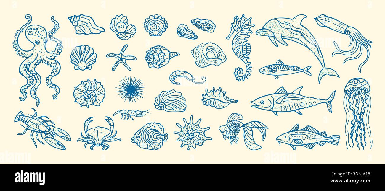 Illustration vectorielle dessinée à la main ensemble sous-marin de grunge d'encre de vie marine. Hippocampe nautilus coquillage crabe, homard étoile de mer coquillages grungy griodles. Esquisse moderne ligne d'ambiance océan côtier Illustration de Vecteur
