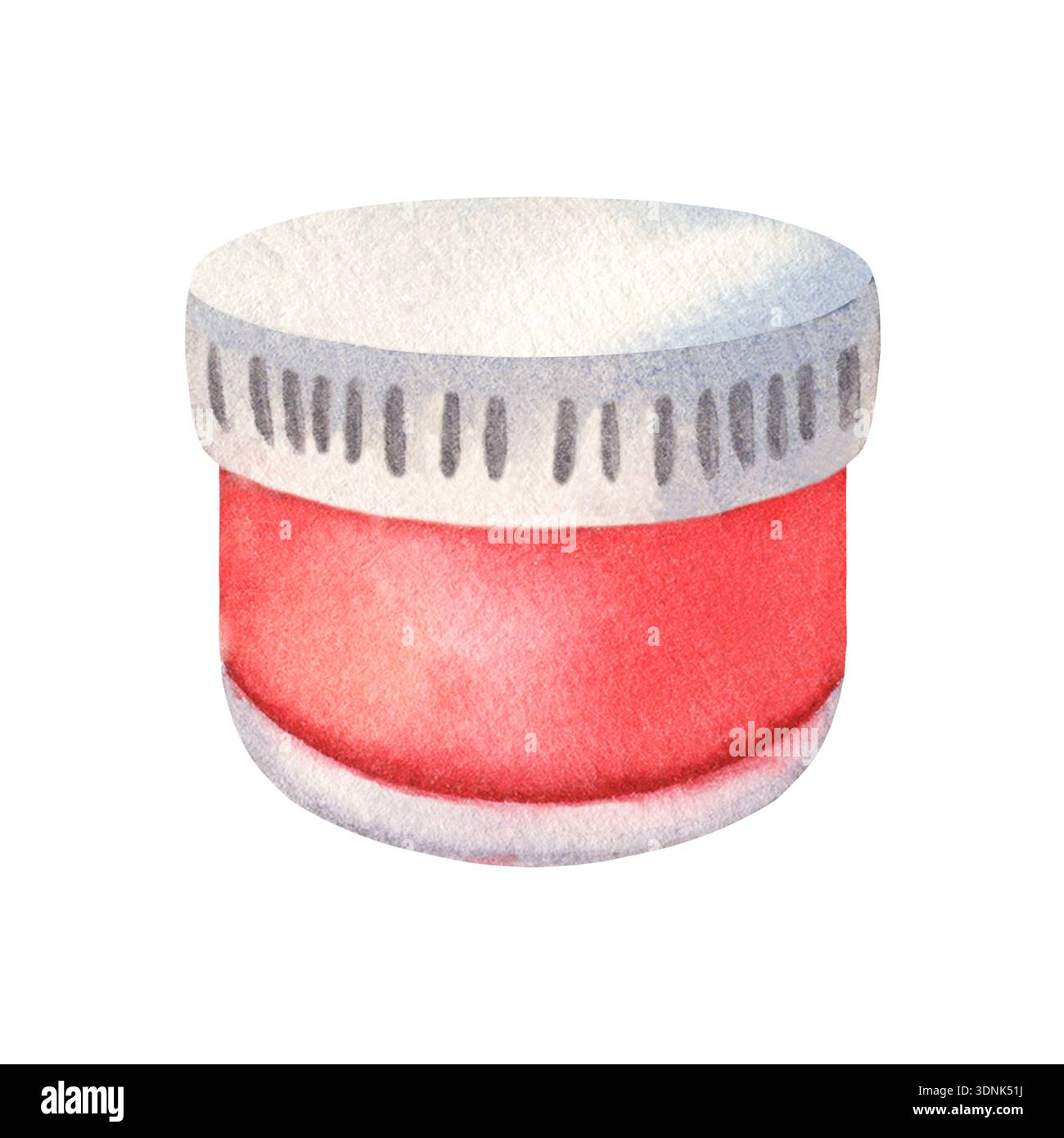 Pot de peinture, couvercle à vis, peinture rouge, acrylique, gouache. Illustration aquarelle peinte à la main isolée sur blanc. Parfait pour la conception de fournitures d'art, l'emballage Banque D'Images