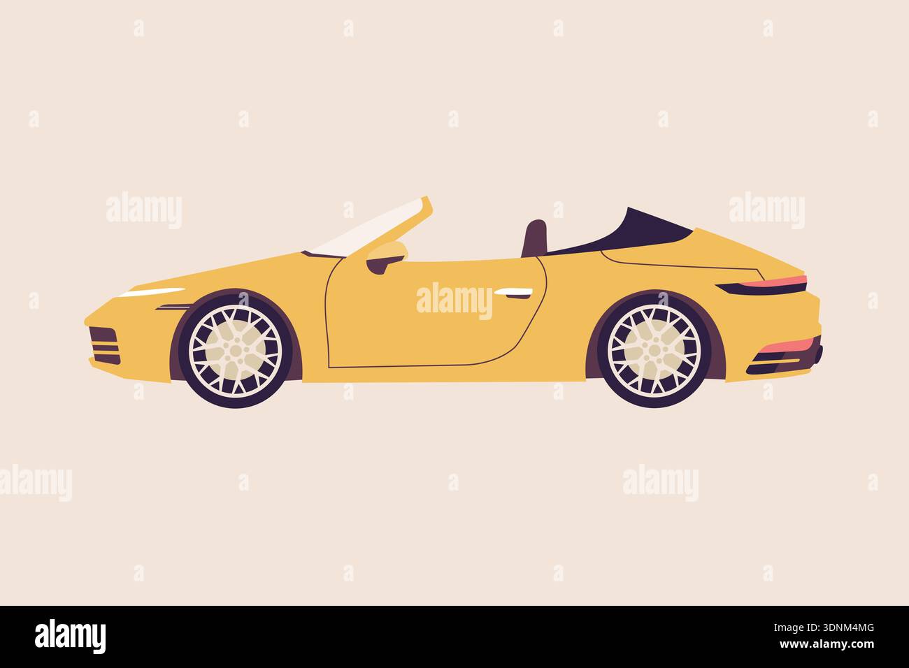 Cabriolet roadster jaune de luxe, vue latérale décapotable élégante, affiche automobile moderne dans un style vectoriel plat. Illustration de Vecteur
