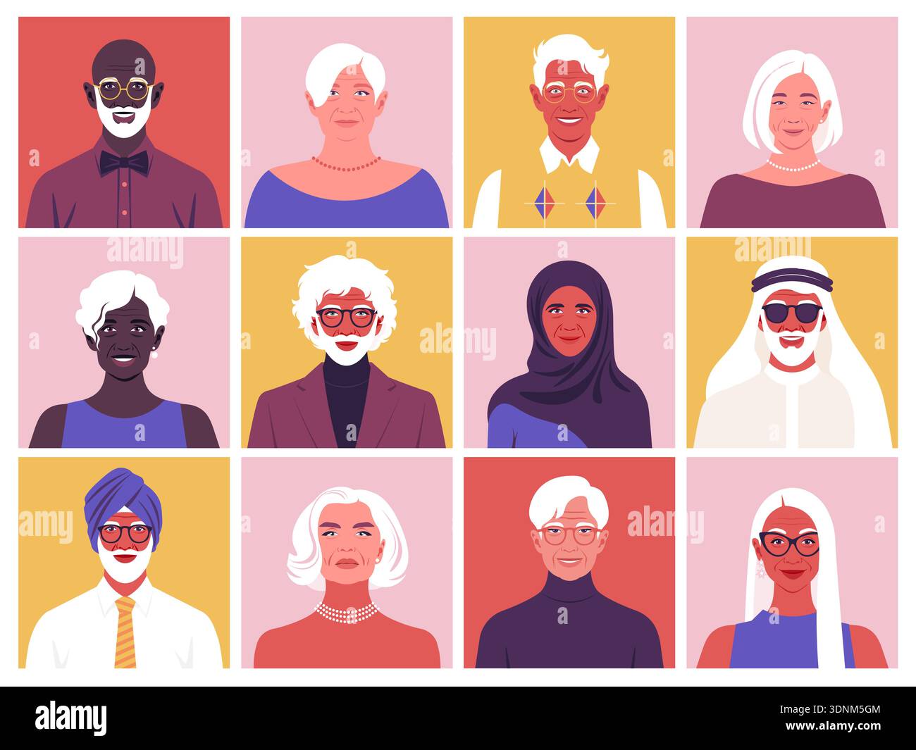 Ensemble de visages de personnes âgées souriantes, diverses races et Nations, concept de société et de population, illustration plate vectorielle. Illustration de Vecteur