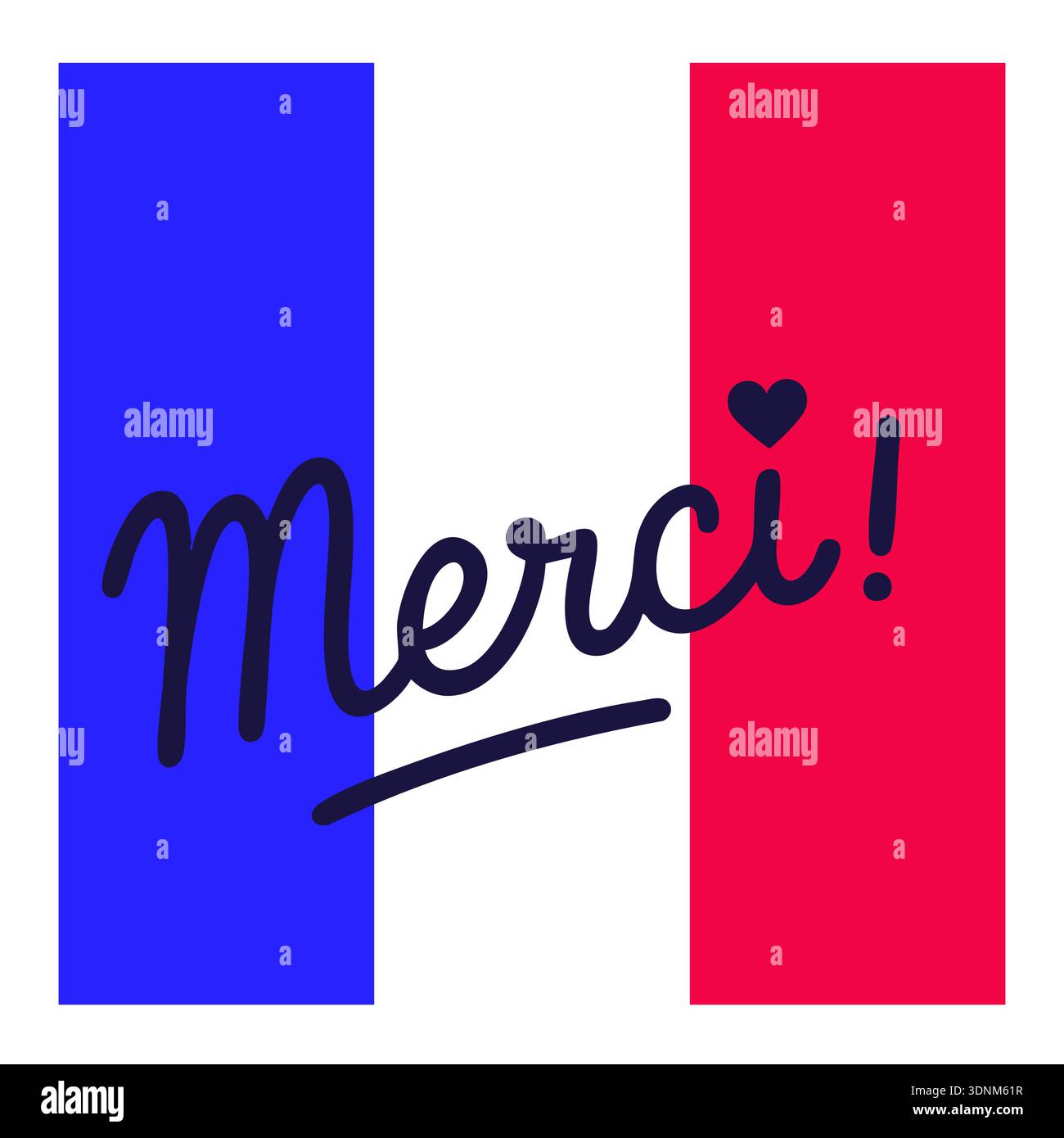 Mot français manuscrit "merci" avec coeur sur drapeau tricolore, conception vectorielle moderne exprimant la gratitude. Illustration de Vecteur