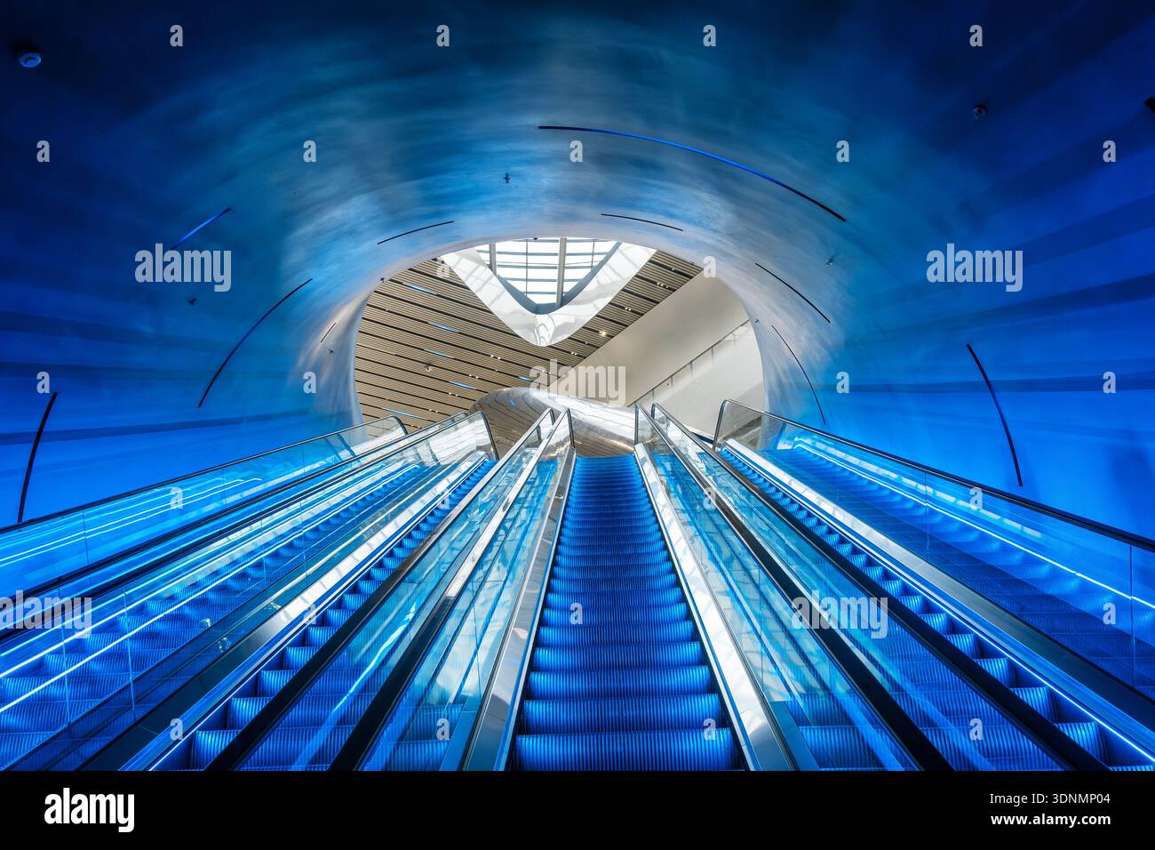 Escaliers futuristes éclairés bleus dans un tunnel moderne courbe avec une symétrie de perspective architecturale dans la ville de Chengdu, en Chine. Symétrie, minimalisme Banque D'Images