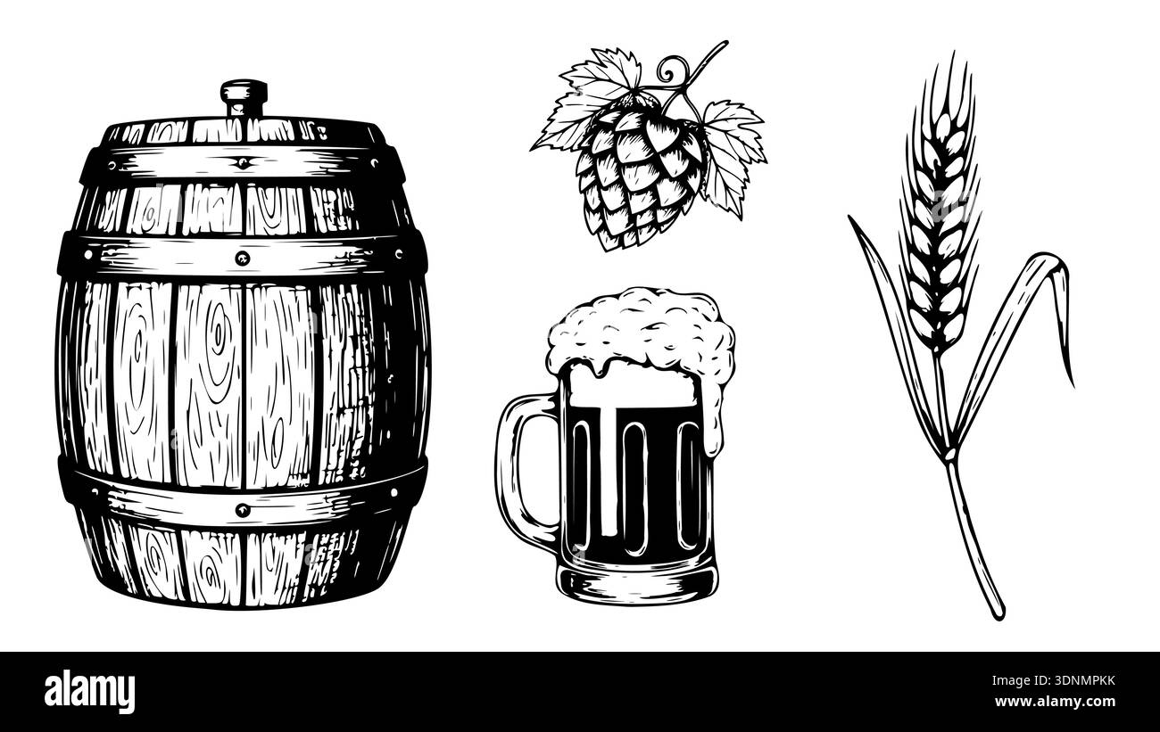 Une collection très détaillée de bières artisanales et d'éléments de brassage dans un style de gravure traditionnel. Illustration de Vecteur