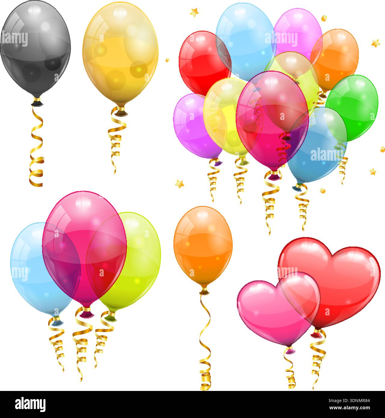 Gros ballons d'hélium, rubans torsadés dorés de streamer. Partry d'anniversaire carnaval Saint-Valentin décoration de Noël avec ballon transparent. isola Illustration de Vecteur