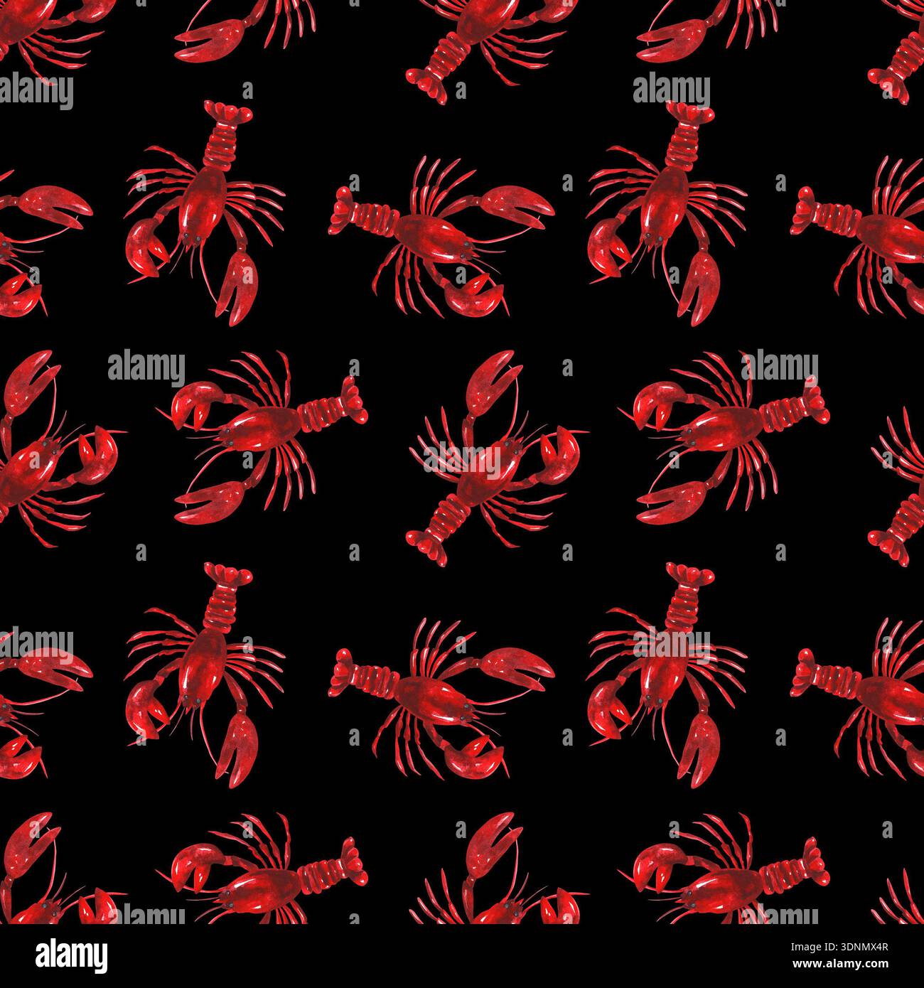 Motif sans couture de homards rouges sur un fond noir. Idéal pour les conceptions liées aux fruits de mer, l'image de marque de restaurant, la décoration de cuisine, textile ou sur le thème marin Banque D'Images