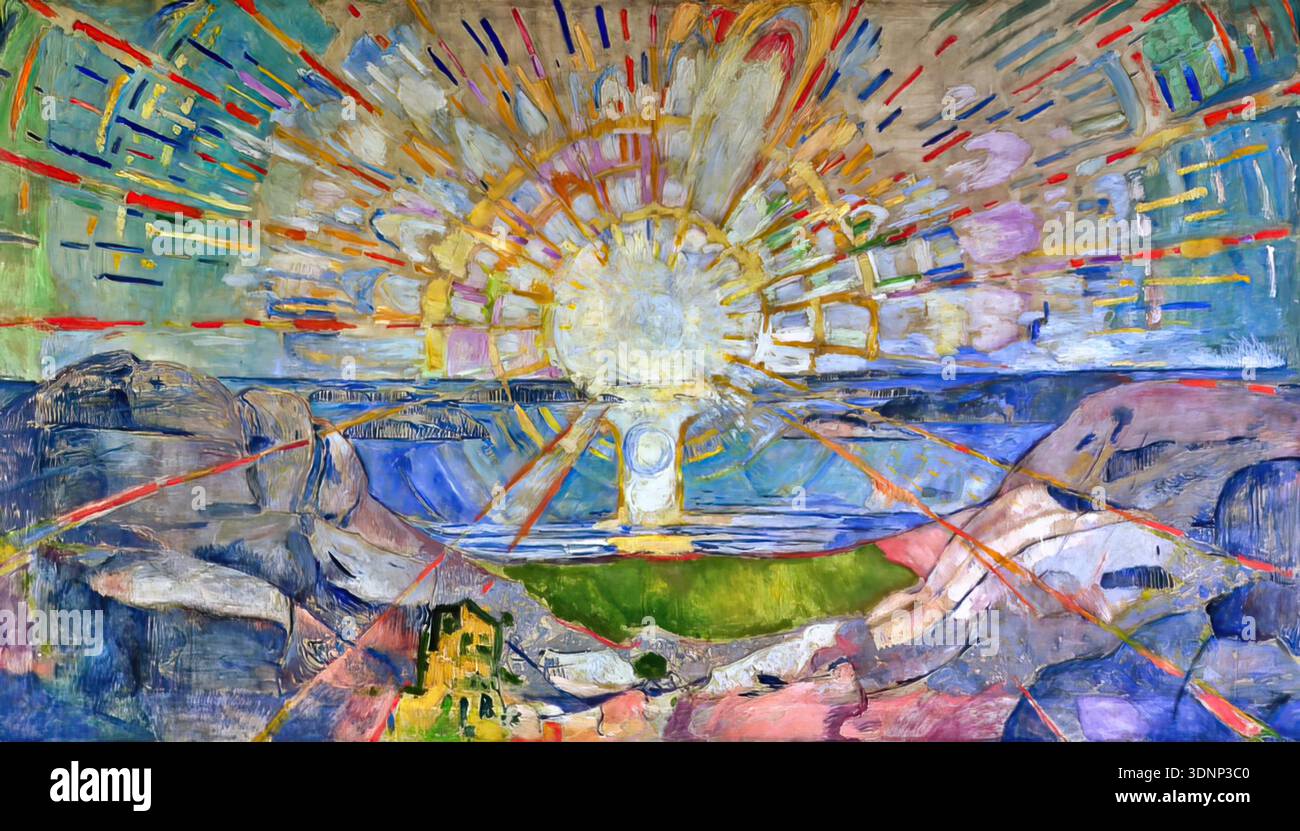 Le Soleil (Solen), 1911 peinture d'Edvard Munch, une partie des décorations Aula Illustration de Vecteur