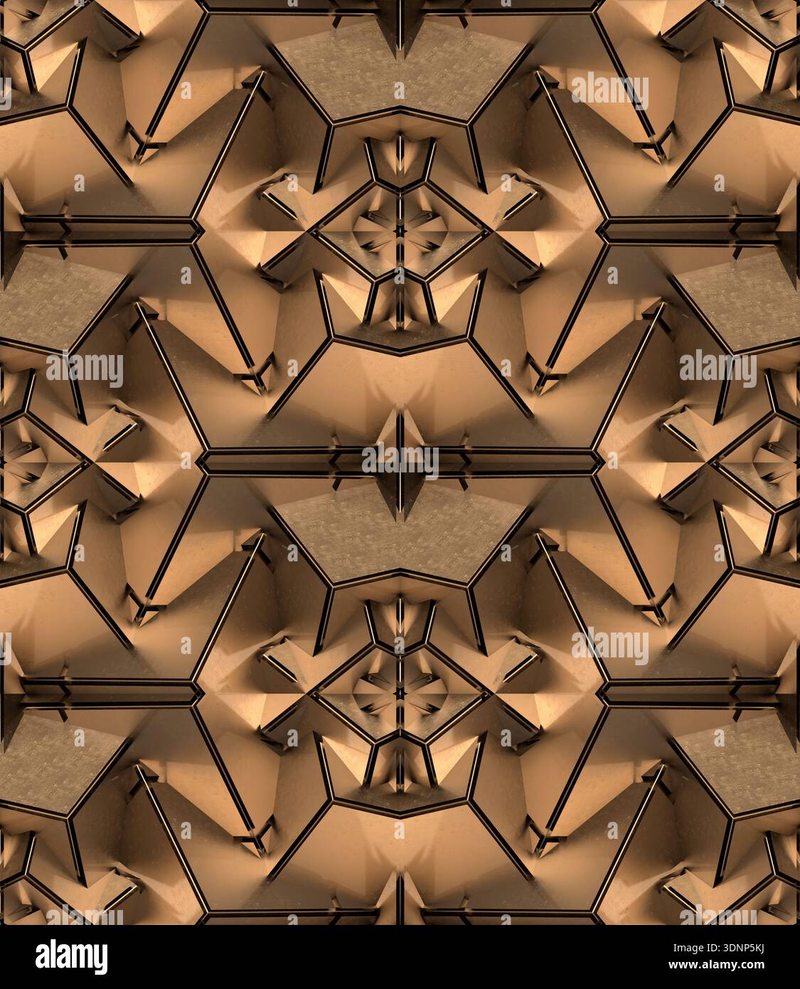 Illustration géométrique complexe avec un motif abstrait sans couture dans des tons bruns terreux, mettant en valeur des formes dimensionnelles et des motifs répétitifs pour un Banque D'Images
