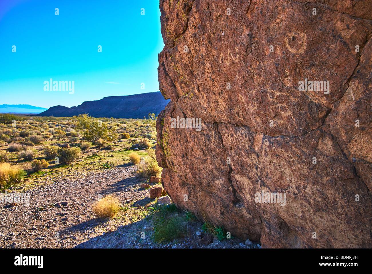 Petroglyph Rock face et Mojave Desert Landscape Under Bright California Sky Banque D'Images