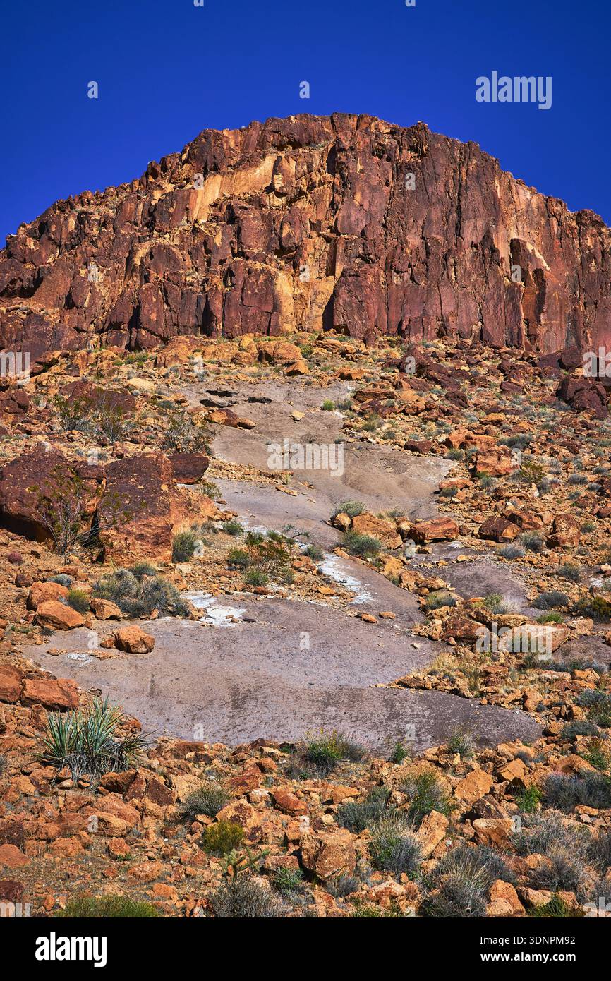 Rocky Desert Mesa falaise accidentée et végétation éparse sous ciel bleu clair Banque D'Images