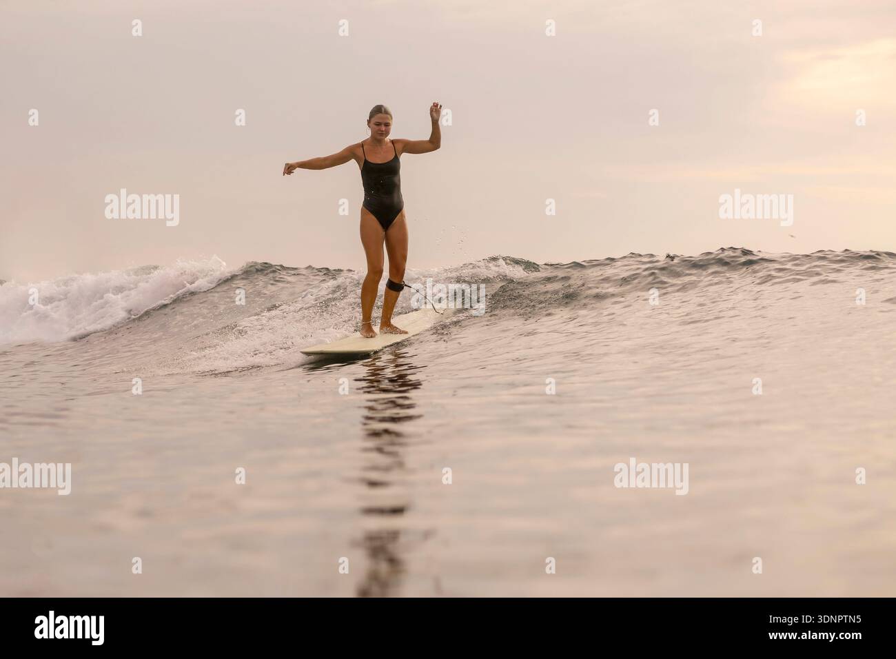 Surfeur Carving Dynamic Wave au coucher du soleil avec ciel spectaculaire et eau texturée, posture puissante et mouvement rapide Banque D'Images