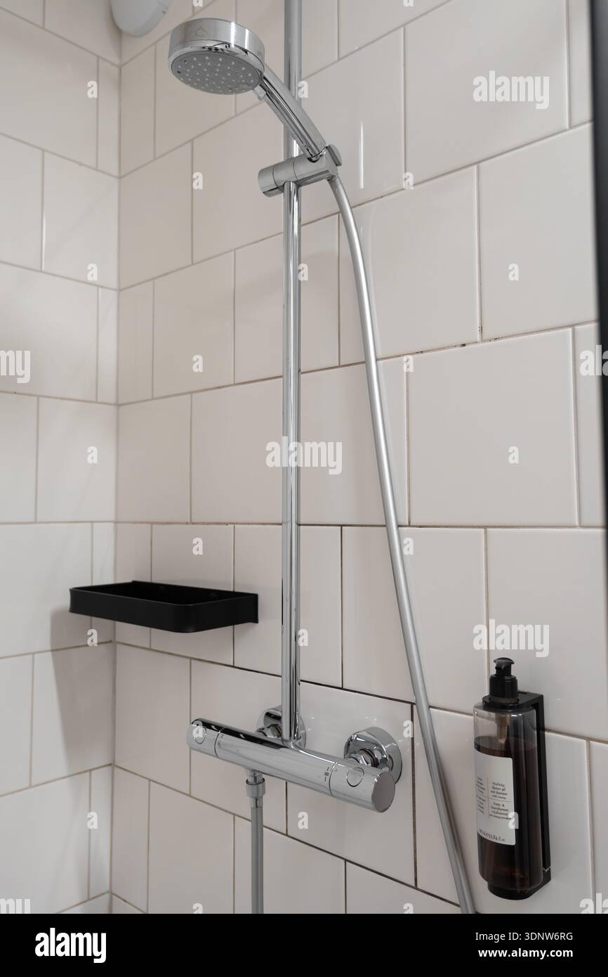 Vue détaillée d'un système de douche chromé moderne, comprenant une tête réglable, une étagère noire, un distributeur de savon et des carreaux de métro blancs, mettant en valeur le contempo Banque D'Images