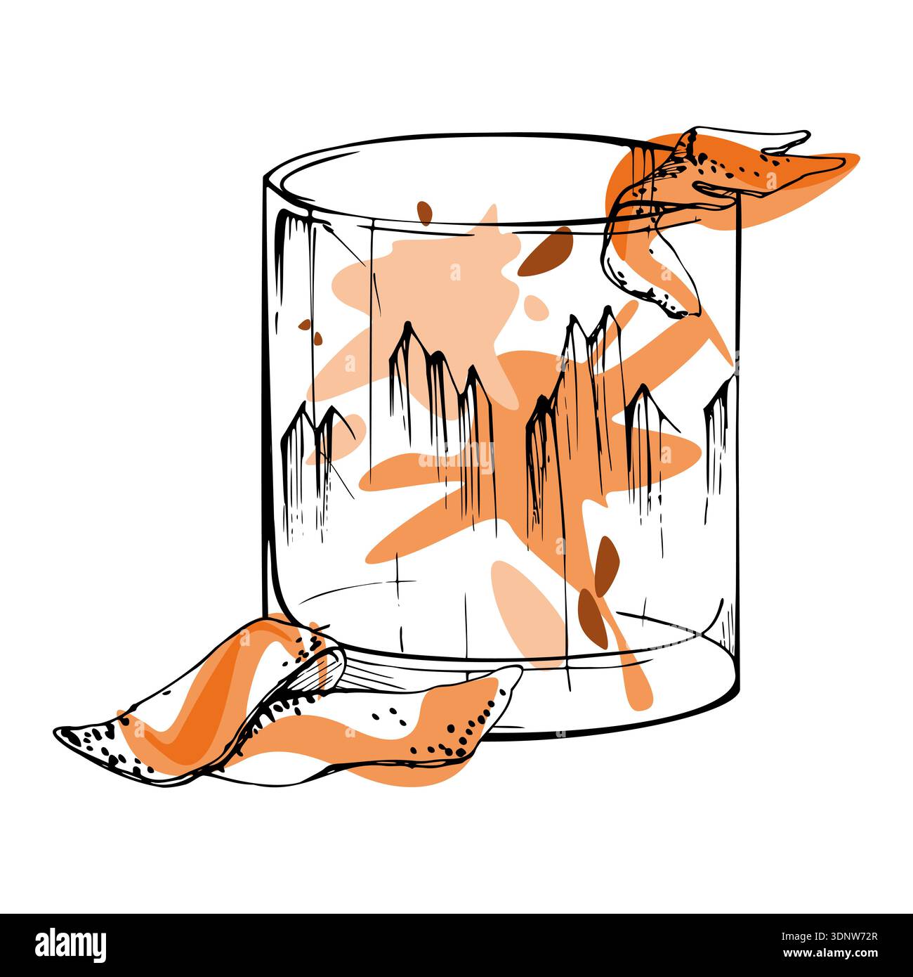 Vecteur de cocktail à l'ancienne avec torsion de zeste d'orange et éclaboussures de jus. Spiritueux ambré profond, whisky scotch bourbon, géométrie de verre propre dessinée à la main Illustration de Vecteur