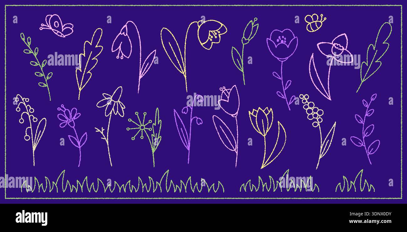Fleurs de printemps herbe feuilles d'abeille et papillon griffonner des éléments dans le style de dessin de craie pour enfants Illustration de Vecteur