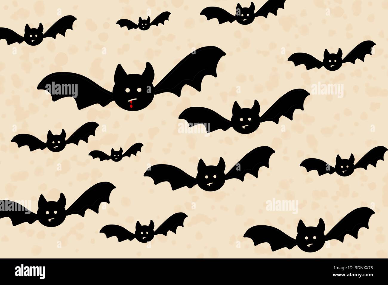 Une illustration captivante d'Halloween avec des chauves-souris noires avec des yeux attachants et des crocs volant sur un fond beige texturé, parfait pour les fêtes Banque D'Images