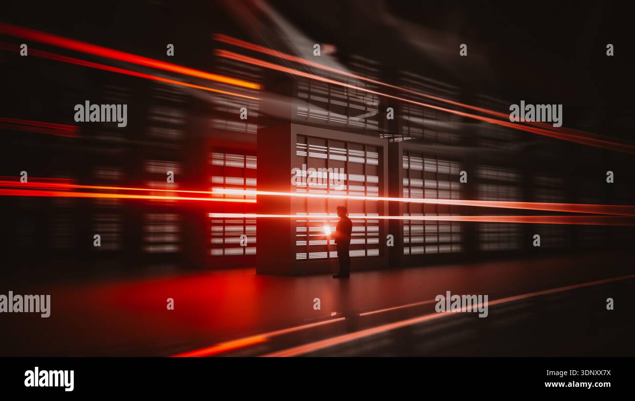 Un technicien est engagé avec un ordinateur portable dans un centre de données de pointe. Les lumières vives créent une atmosphère dynamique remplie de technologie. Banque D'Images