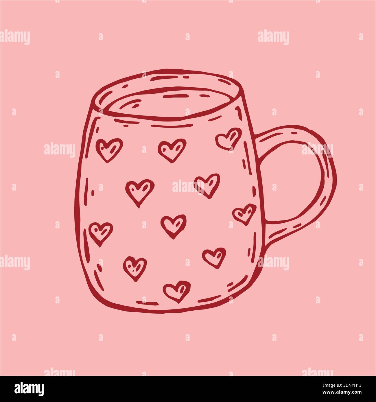Une charmante illustration vectorielle d'une tasse rouge ornée de motifs de coeur, magnifiquement contrastée sur un fond rose doux. Illustration de Vecteur