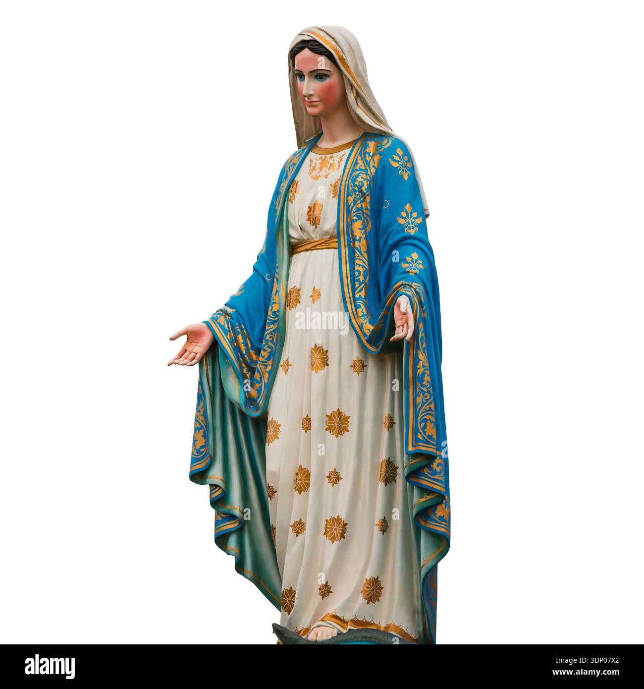 Statue de la Vierge Marie de l'église catholique isolée sur fond blanc. Banque D'Images