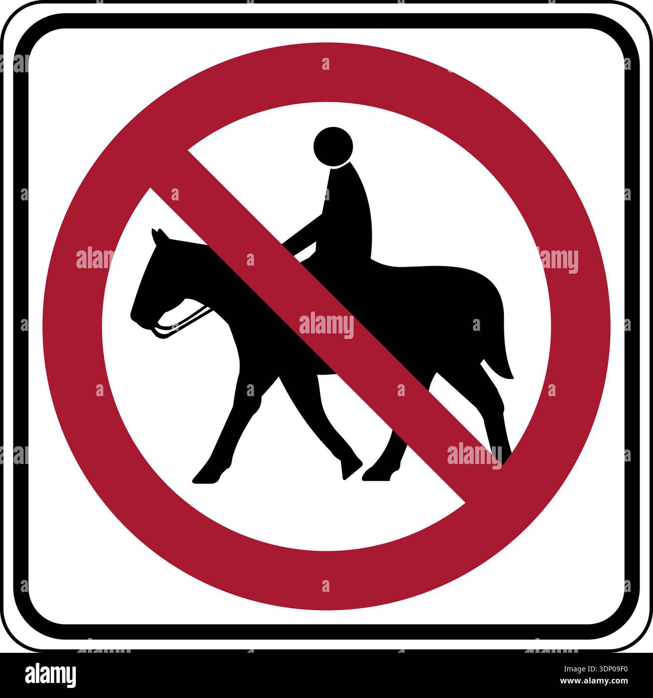 Graphique vectoriel d'un panneau routier rouge usa No Horse Riding MUTCD. Il se compose de la silhouette d'un cheval et cavalier recouvert d'un cercle rouge avec un diag Illustration de Vecteur