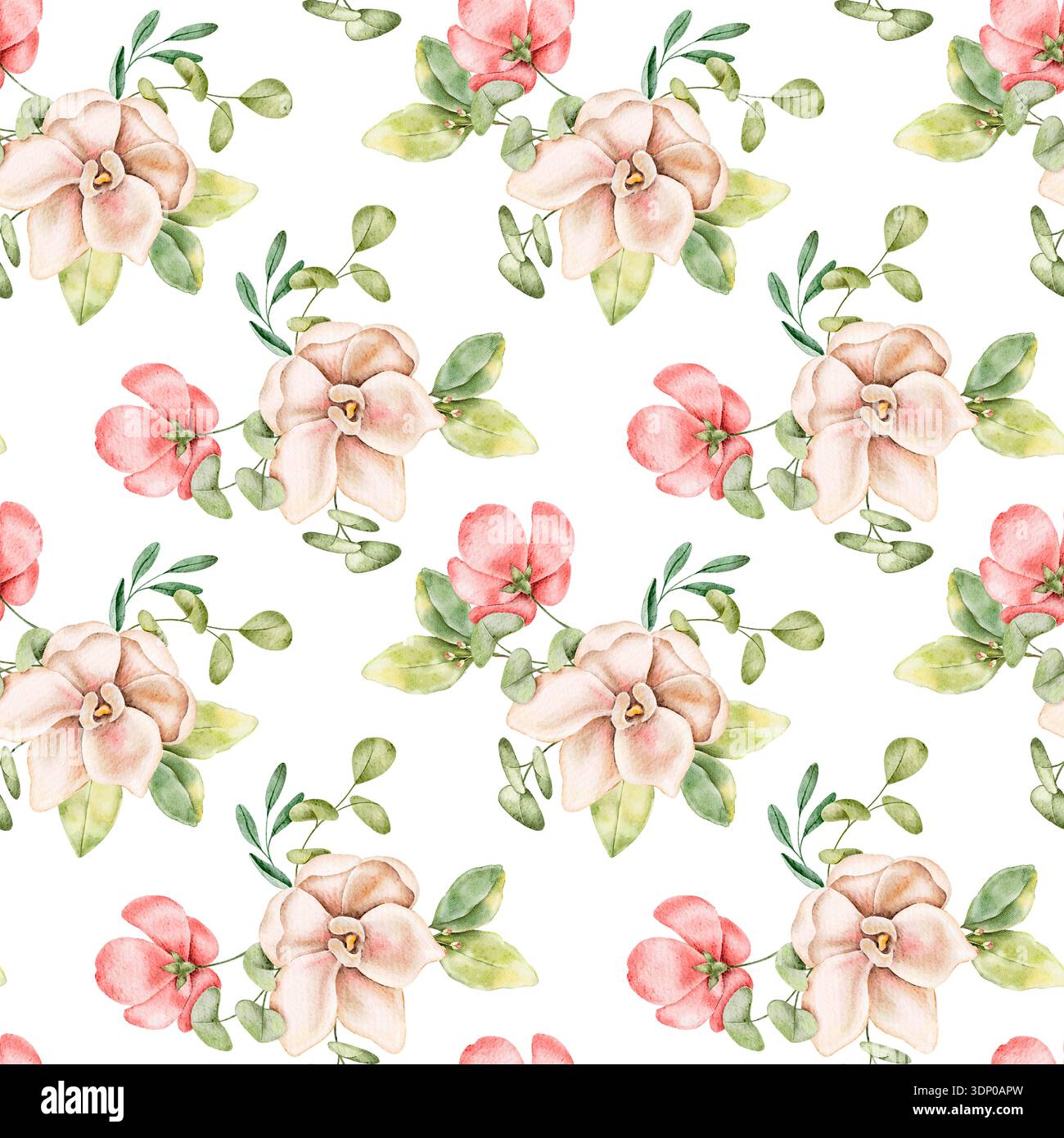 Aquarelle motif floral sans couture avec magnolia beige et rose et fleurs d'orchidée, feuilles tropicales vertes et branches. Pour tissu, papier peint, cadeau WR Banque D'Images